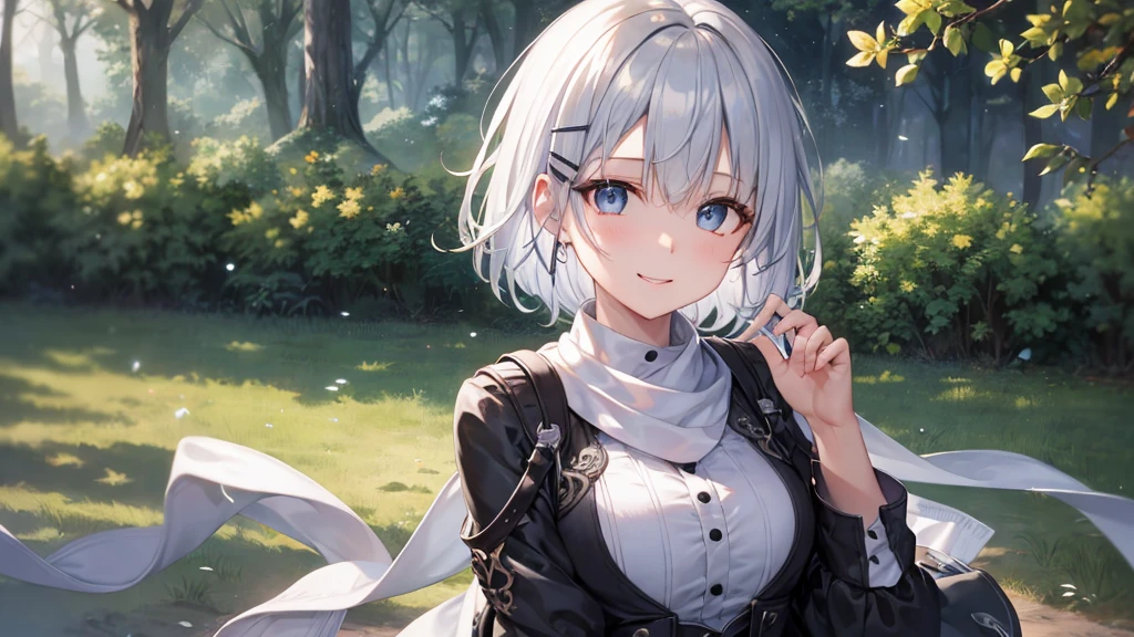 Her eyes were shining、Mysterious and enchanting atmosphere。With AI Painting、とてもShort Hair, Long bangs between the eyes, Very detailed,(masterpiece、Highest quality)、alone、Gray Hair、Fantasy, Silver Hair, Fantasyな風景、White shirt、smile、Open your mouth、Scarf、short hair、Short Hair、hairpin、black eye、Grey Eyes、Beautiful Eyes