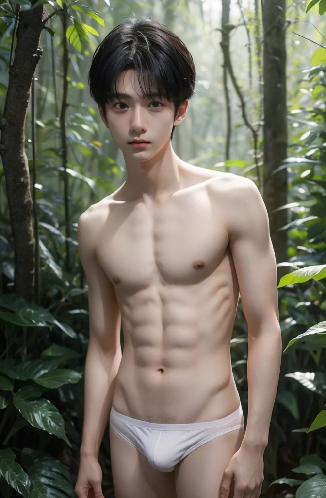 -yeld boUpper body naked, White briefs ,Smooth Skin,in the forest, Black Hair, Eye-level shot, Thin、Beautiful Boy