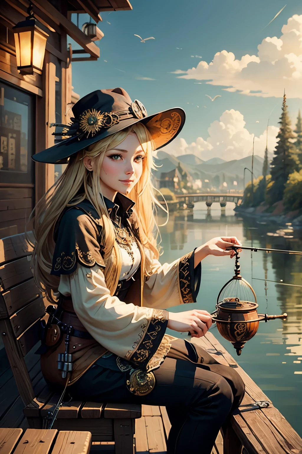 (Highest quality:1.2)。steampunkai。One Woman。Beautiful steampunk witch。Blonde Long Hair。Place a folding chair on the pier and sit。((Fishing))。Gentle smile。The background is the river, the bank, and the spring sky.。