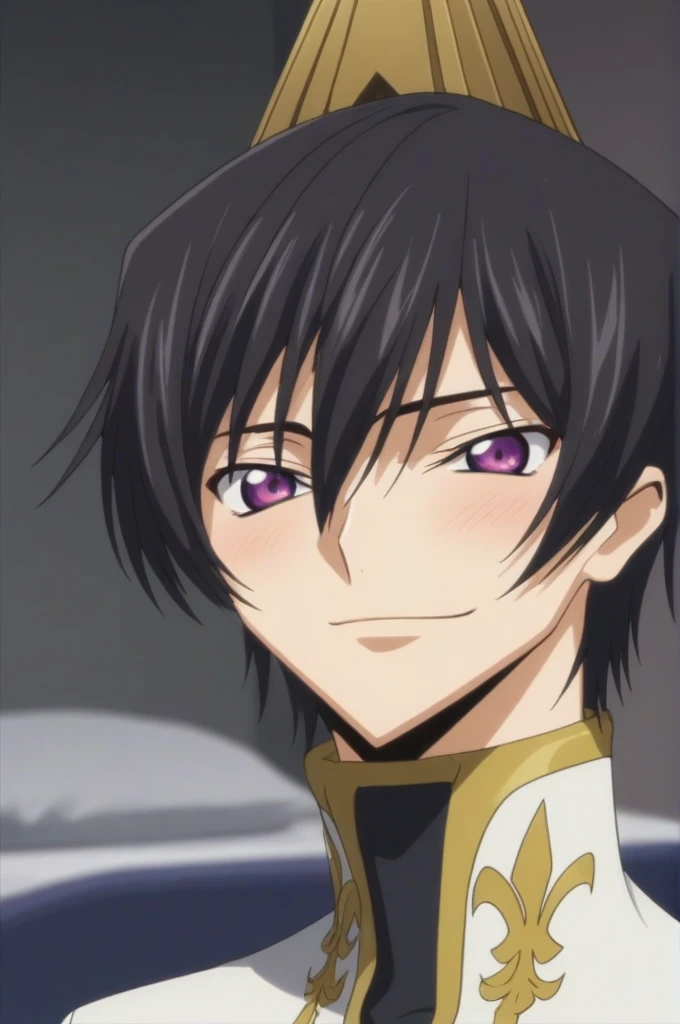 score_9, score_8_up, score_7_up, source_anime, rating_safe, intricate details, anime screencap, , , looking at viewer, depth of field, 1boy, solo, male focus, lelouch_lamperouge, black hair, purple eyes, hair between eyes, bangs, , , upper body, pyramid, light, twisted torso, smile, blush, cute, black swim trunks costume, bed room, night,