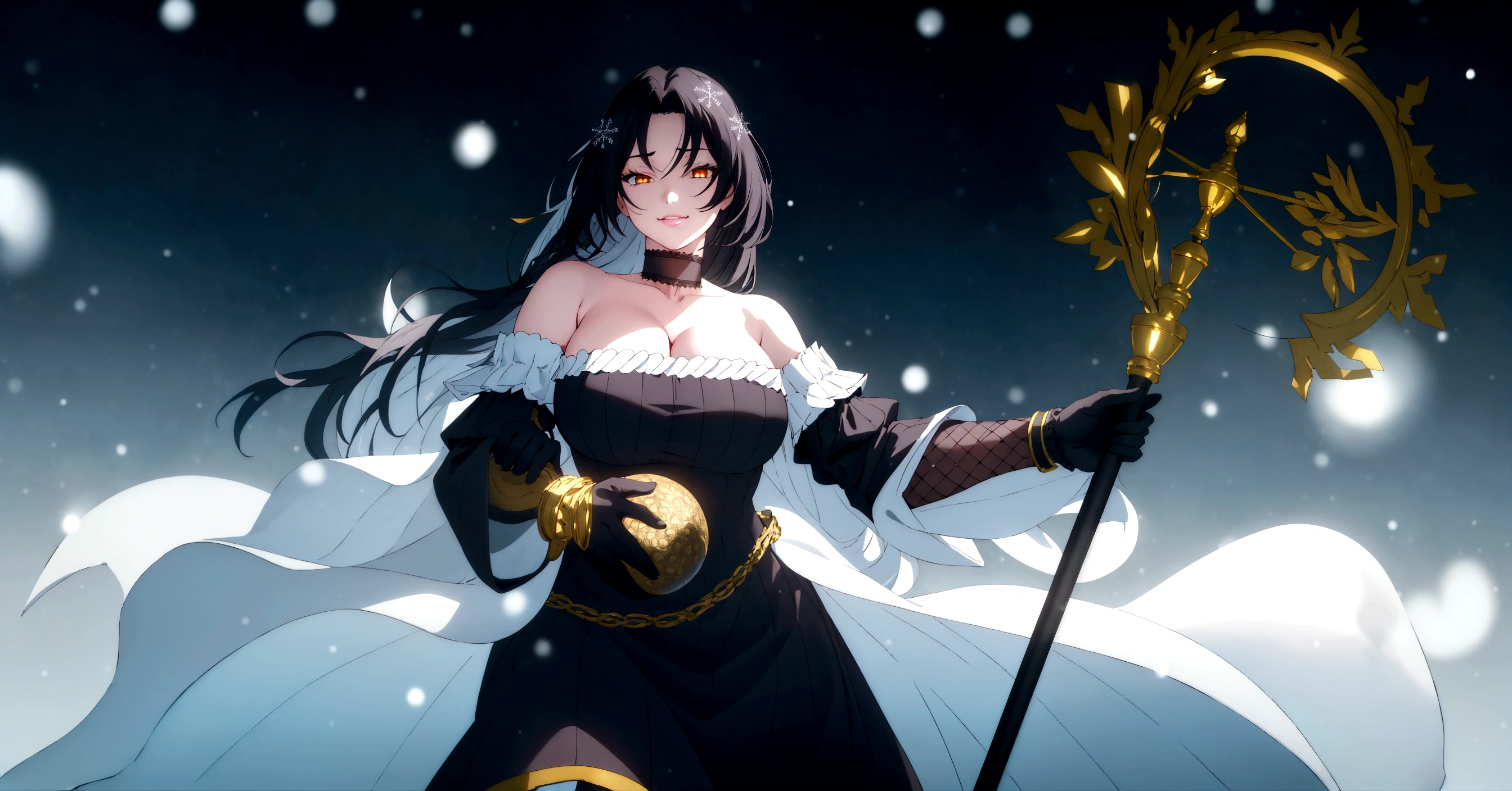 black hair, long hair, parted bangs, golden eyes, curvy, anatomically correct, heavy breathing, huge breasts, dress, 1girl, staff, solo, snowing, bare_shoulders, breasts, gloves, jewelry, holding_staff, snow, blue_dress, detached_sleeves, snowflakes, holding, strapless_dress, choker, strapless, looking_at_viewer, holding_staff, standing, "Photorealistic, Hyperrealistic, Hyperdetailed, analog style, soft lighting, subsurface scattering, realistic, heavy shadow, masterpiece, best quality, ultra realistic, 8k, golden ratio, Intricate, High Detail, film photography, soft focus", (shaded face:1.2), hollow eyes, golden eyes, lips, smirk, upper teeth, cheek,