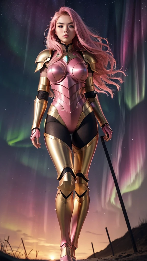 ((best quality)), ((masterpiece)), (ultra detailed lights), ((full body shot)), indonesian girl, extremely beautiful, ultra face details, 20 years old, ((pink curvy-hair)), ((hair blown by strong winds :1.3)), ((Award-winning photograph)), photography of a girl, sci-fi mechanical armor, light sword in her both hands, slim face, extremely beautiful, ultra details luxurious armor, ultra details skin, sharp armor texture, crisp picture, ((full make ups)), eyelashes, eyeshadow, gold retina, perfect eyes, ((pink blushing)), ((red lips)), ((wearing tight steel-armor)), ((full body armor)), ((tight latex panty)), ((thighs armor)), ((slim body shape)), ((24k-gold armor)), no head cover, ((symmetrical body pose)), model posing in the middle, night at beach, full of stars, red clouds, nebula, ((aurora Borealis)), shooting stars, from below