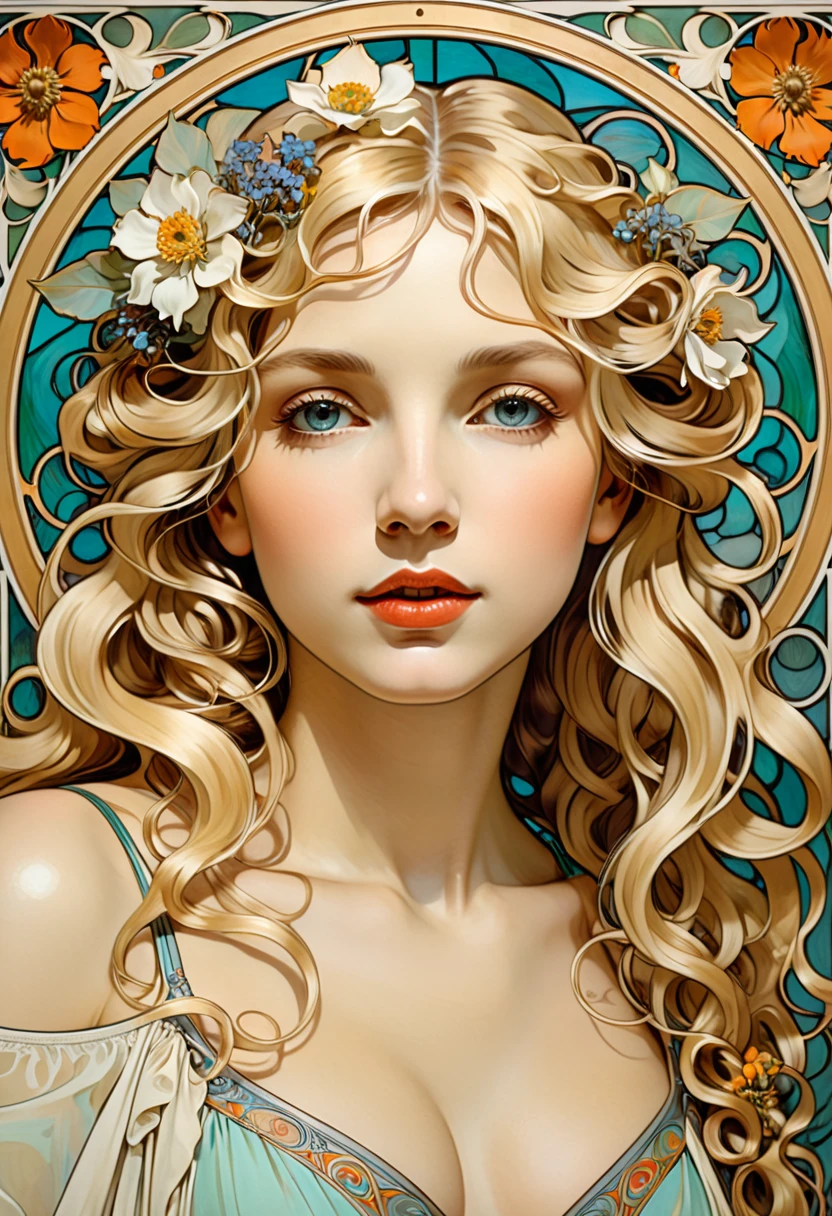 Enchanting gold filigree swirls, Hall々A woman with a muscular figure, Flowing blonde hair, sharp, Detailed face, Expressive, crystal eyes, Puzzling image, Rococo time portals flourish, The intricate details、It suggests hidden depths beyond.. This surreal oil painting、The delicate swirls of color gracefully dance and invite the viewer into a fantastical world.。. Incredibly detailed, Each brush stroke is careful and precise, It captures the essence of a bygone era with amazing accuracy.. This visually stunning masterpiece、It exudes an aura of mystery and wonder., Discover mysterious secrets.