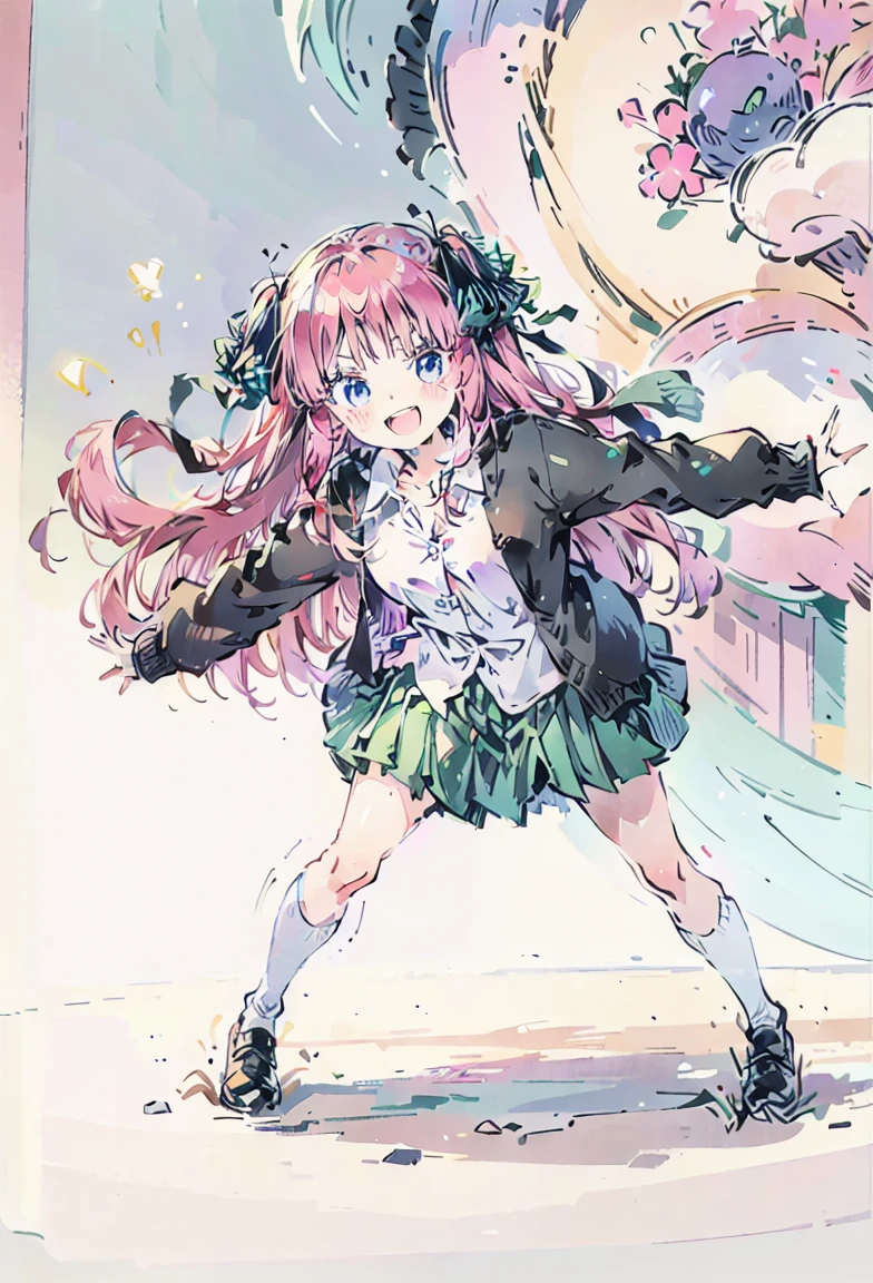 Nino Nakano, long pink silky hair, hair ribbons, collared white shirt, green pleated skirt, , black cardigan, dynamic pose, interesting pose, soft expressive face, full body,, cute face, sweet face, funny, smile, looking at viewer, 4k, perfect quality, lovely, iridescent