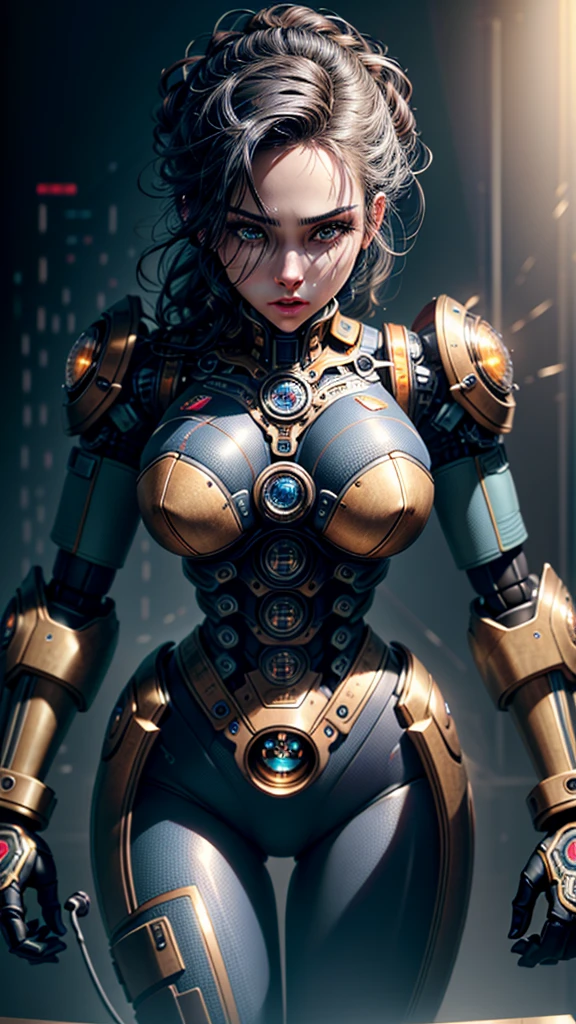 (masterpiece, humanoid robot with intricate machinery:1.3), (captivating depiction of a robotic figure with a human form:1.2), (meticulously crafted to showcase the fusion of technology and aesthetics:1.2), (the robot's body composed entirely of intricate gears, gold and titanium components:1.1), (wires intricately weaving through its frame to form a mechanical circulatory system:1.1), (porcelain plates strategically placed to protect vital components:1.1), (a human-like head with a perfectly symmetrical face:1.1), (thick and dark eyebrows framing the expressive features:1.1), (hair styled in a stunning upswept fashion, a vibrant shade of blue:1.1), (set within a scientific laboratory, the robot bathed in focused illumination:1.1), (the spotlight accentuating the intricacies of its machinery and the beauty of its design:1.1), (meticulous attention to the detailing of gears, wires, and components:1.1), (a portrayal that captures the harmonious blend of humanity and technology:1.1), (the sense of wonder and innovation represented by the robotic creation:1.1), (an image that prompts contemplation about the future of human-machine interaction:1.1), (an artwork that merges precision and aesthetics to create a captivating and thought-provoking composition:1.1)), Cinematic, Hyper-detailed, insane details, Beautifully color graded, Unreal Engine, DOF, Super-Resolution, Megapixel, Cinematic Lightning, Anti-Aliasing, FKAA, TXAA, RTX, SSAO, Post Processing, Post Production, Tone Mapping, CGI, VFX, SFX, Insanely detailed and intricate, Hyper maximalist, Hyper realistic, Volumetric, Photorealistic, ultra photoreal, ultra-detailed, intricate details, Super detailed, Full color, Volumetric lightning, HDR, Realistic, Unreal Engine, 16K, Sharp focus, Octane render