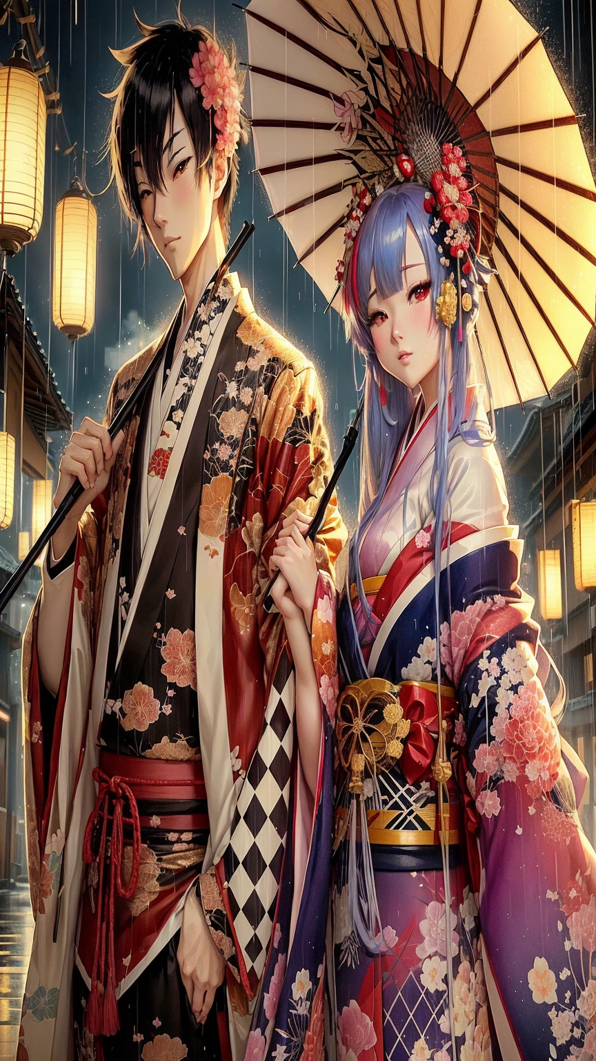Anime couple in kimono holding an umbrella in the rain, Anime Style 4k, Japanese art style, anime art wallpaper 4k, anime art wallpaper 4k, Anime Art Wallpapers 8K, anime wallpaper 4k, anime wallpaper 4k, HD Anime Wallpaper, 4k anime wallpaper, 4K Manga Wallpapers, Traditional Japanese concept art, Beautiful anime style, Beautiful fantasy anime