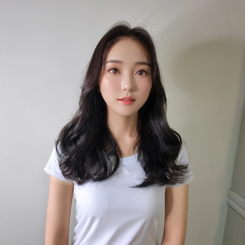 Best Quality, 8k, Masterpiece, (Portrait: 1.3), (photo realistic:1.4), (hyper realistic:1.4), Sharp Focus, looking at viewer, (smoother lighting:1.1), (increase cinematic lighting quality:0.9), realistic lighting, backlighting, light on face, ray trace, (brightening light:1.2), (Increase quality:1.4), sharp detail, (best quality real texture skin:1.4), finely detailed eyes, black_eyes, finely detailed face, 25 year old Korean woman, (white compression_shirt:1.4), (Create an image maintaining the original base model hairstyle:1.5)