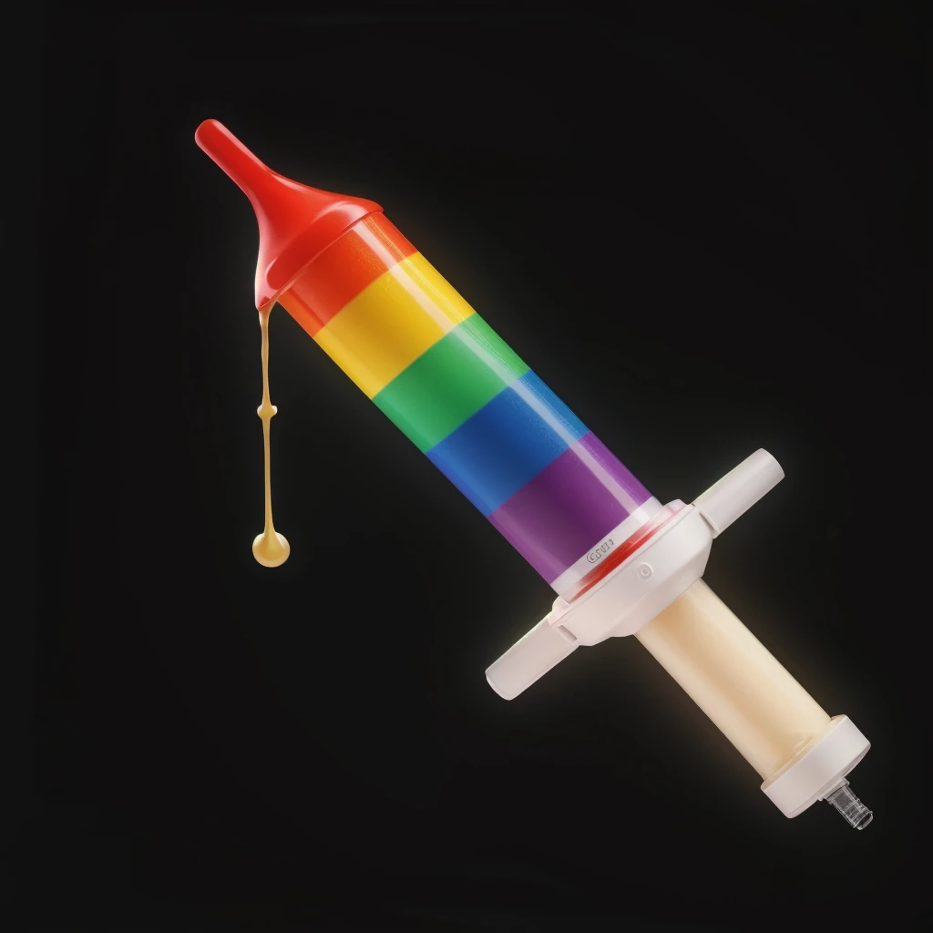 rainbow syringe, rainbow cream inside, cream drips, realistic texture, realistic style, detailed texture, high quality, high resolution, high quality rendering, realistic photo, brightning light, macro photo, ultra hd 4k