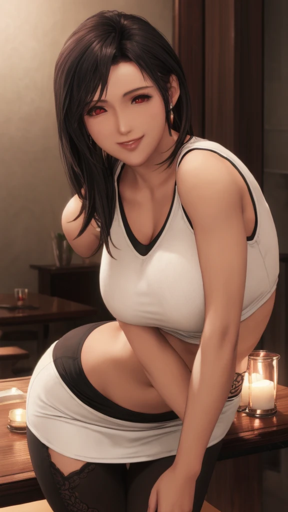 (8K, highest quality, table top:1.4), (intricate details:1.3), (realistic), (super detailed), 1 girl, alone, Beautiful woman, mature woman, (Sensual smile:1.35), Front view, (leaning forward:1.2), looking at the viewer, tropical resort, detailed long hair, (fluffy long black hair), fine eyes, hourglass body shape, (Sensual curvy body:1.1), medium breasts, thick thighs, wide hips, small waist, white tanktop, black mini skirt, realistic lighting, natural soft light, dynamic lighting, red eyes, show cleavage, sleeveless