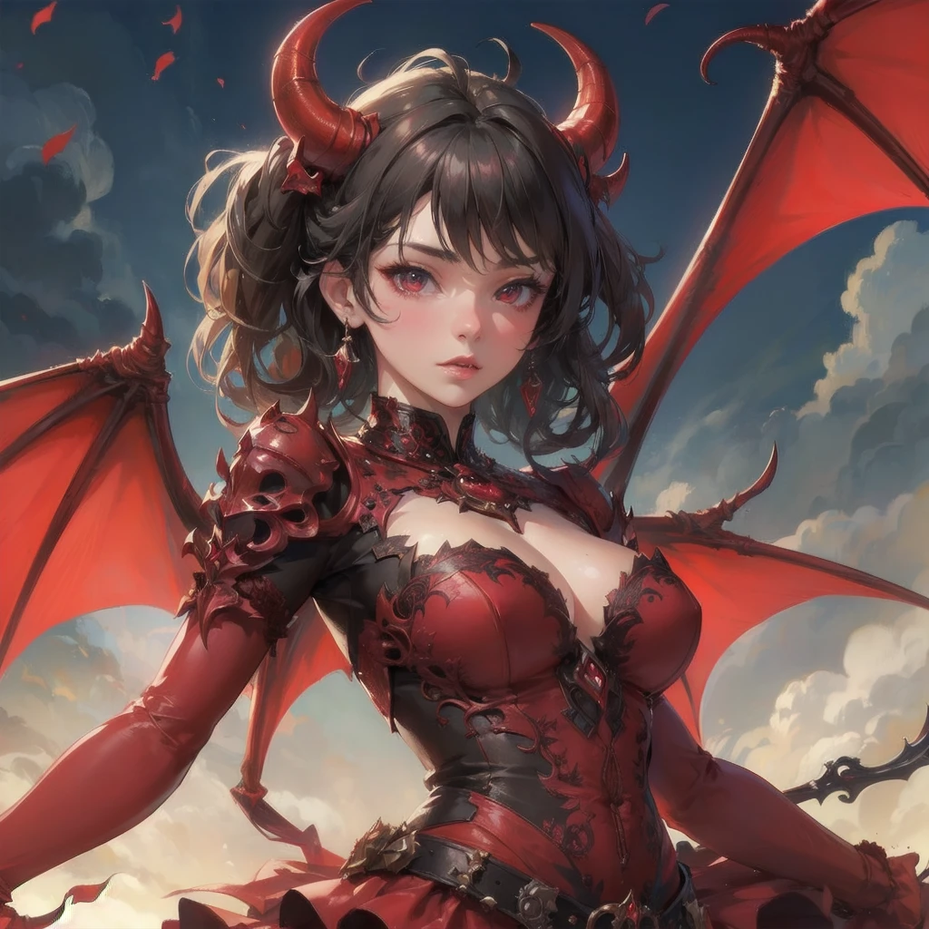  masterpiece, (textured skin), best quality, gorgeous beautiful girl, (a devil), detailed clothes,large breasts,narrow waist,, (beautiful face), cinematic lighting, (fantasy anime art ),