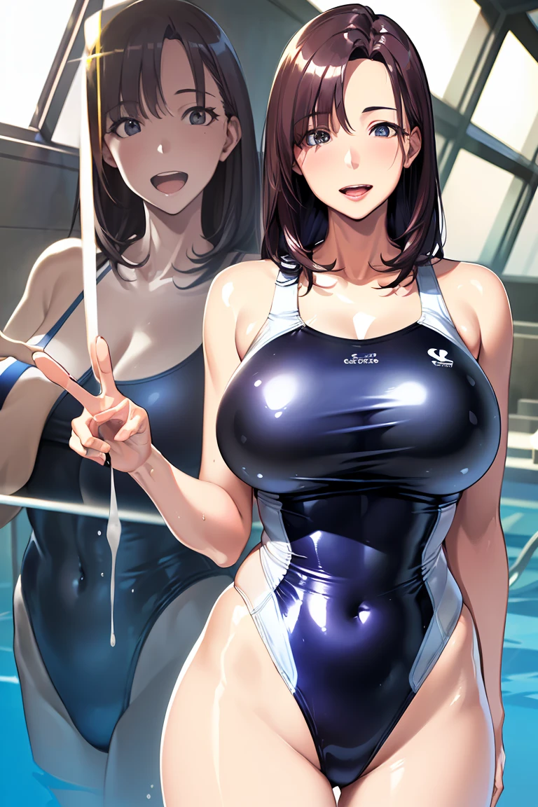 (5fingers, peace:1.6), (A high resolution, masterpiece, Best Quality, High resolution:1.8), (Photorealistic:1.5), (mature woman, 40 yo woman:1.8), (Dim light), (Light on the Face:0.5), (Detailed face, detailed hairs, Detailed skin, (shiny eyes:1.5)), (Cowboy Shot:1.8), (gigantic breast), (slender), ((Squint and smile wide:1.3), (surprised eye:1.5), (Opened mouth:1.3)), (Looking straight:1.8), (Shiny skin, high gloss skin:1.8), (competition swim suit:1.5), (gleaming skin:1.6), (surprise, Standing),