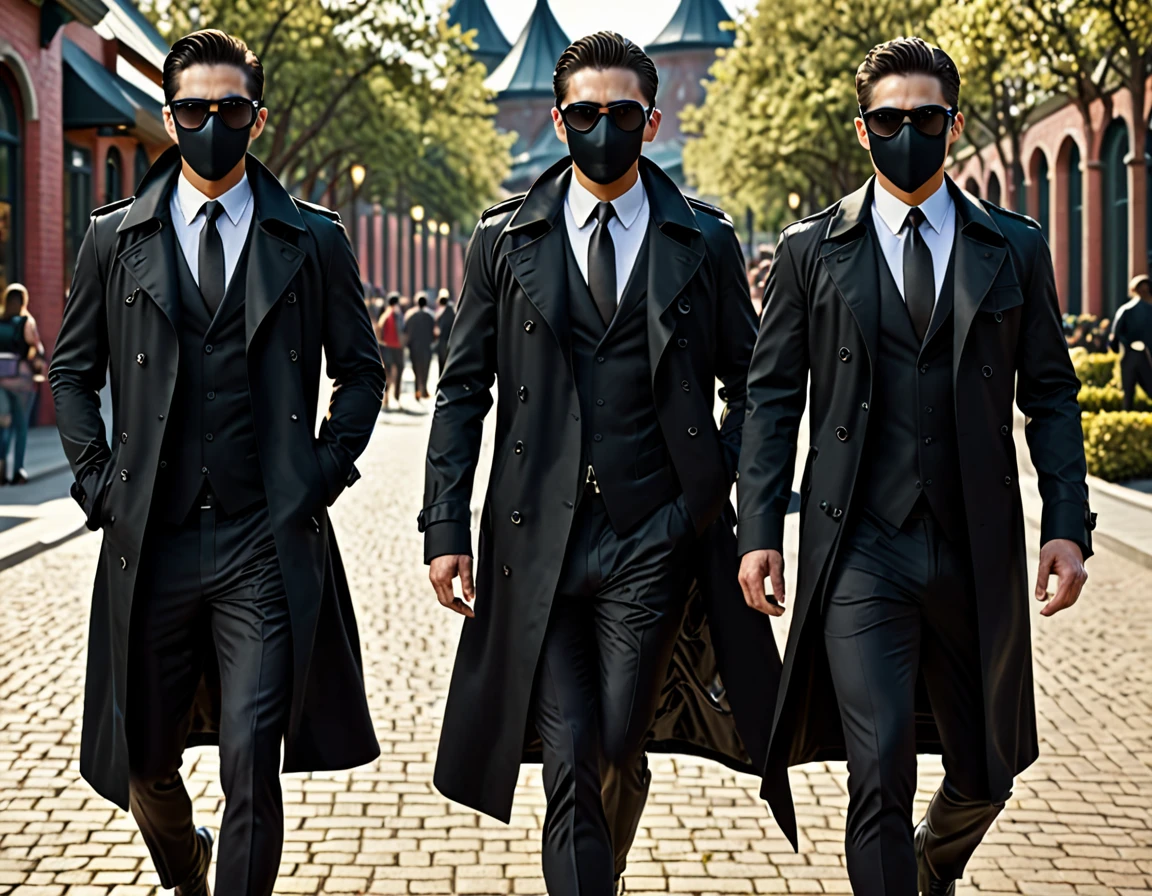 3 Guys, black trench coat, black oakley sunglasses, black hunter mask, the man chasing, amazing quality, (masterpiece), (high quality), 8K, high resolution, extremely detailed, photorealistic, detailed faces, black formal wear, lean body, walking intimidating, theme park,