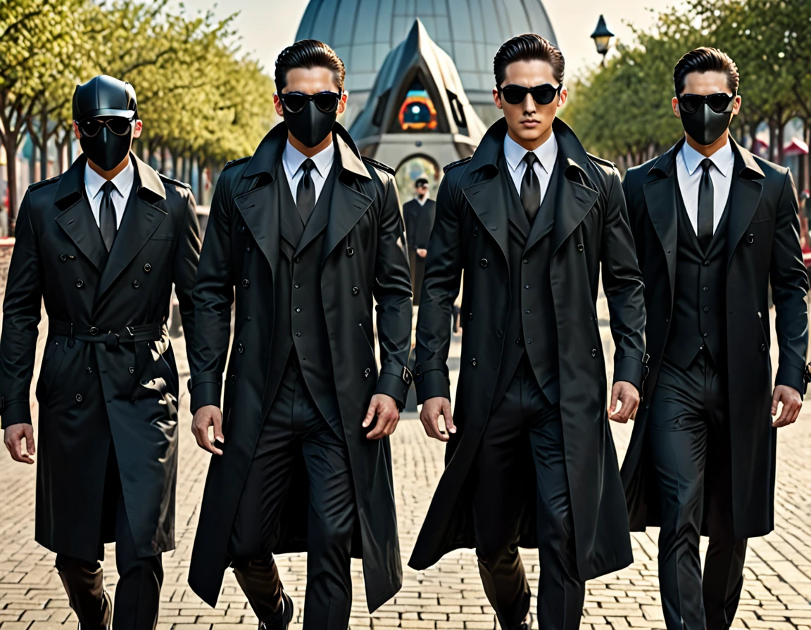 3 Guys, black trench coat, black oakley sunglasses, black hunter mask, the man chasing, amazing quality, (masterpiece), (high quality), 8K, high resolution, extremely detailed, photorealistic, detailed faces, black formal wear, lean body, walking intimidating, theme park,