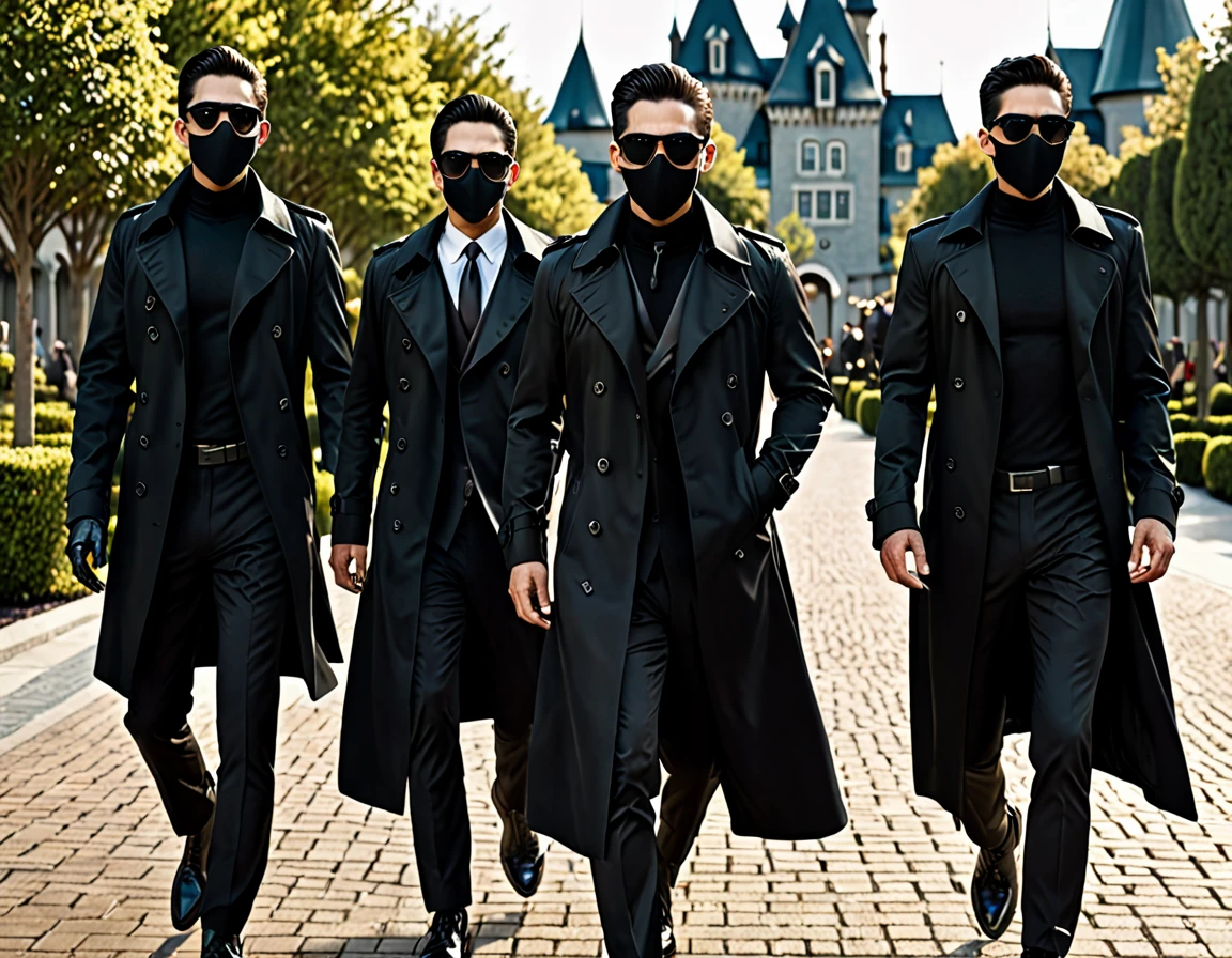 3 Guys, black trench coat, black oakley sunglasses, black hunter mask, the man chasing, amazing quality, (masterpiece), (high quality), 8K, high resolution, extremely detailed, photorealistic, detailed faces, black formal wear, lean body, walking intimidating, theme park,