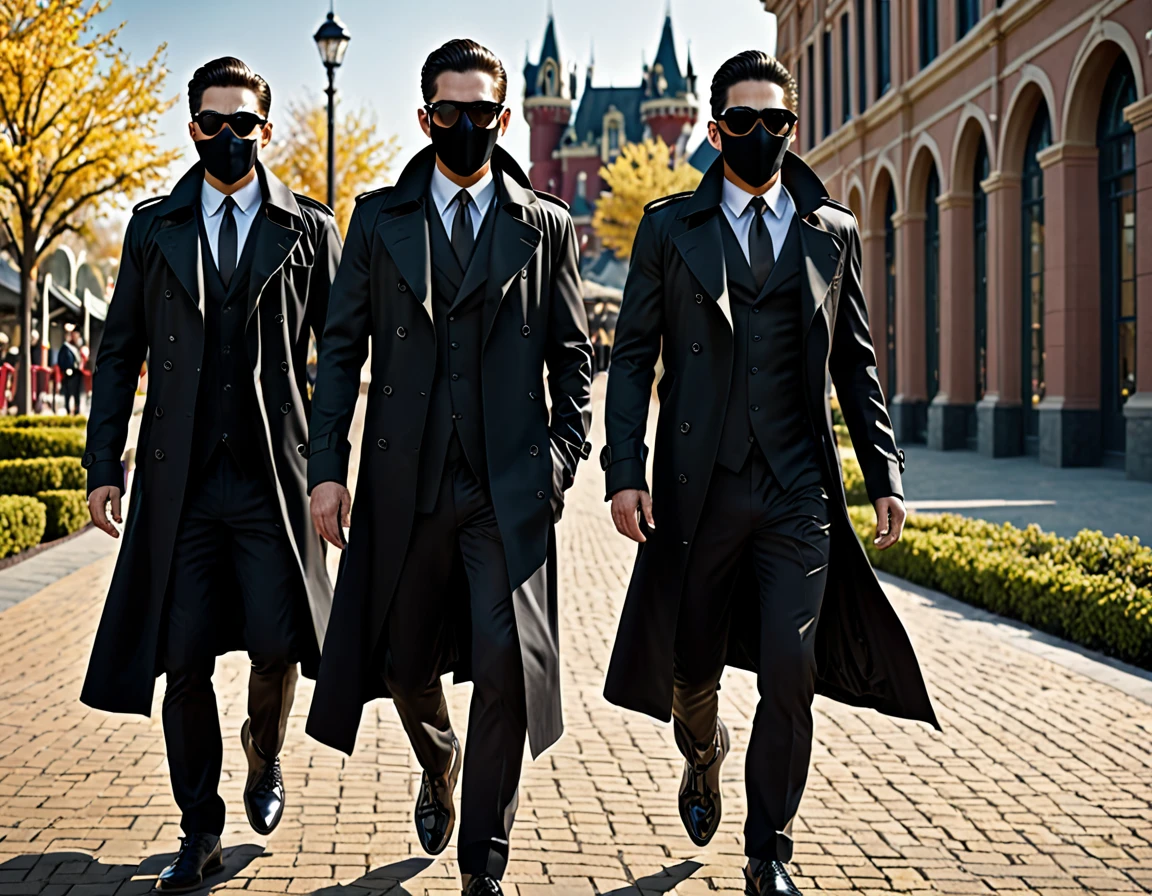 3 Guys, black trench coat, black oakley sunglasses, black hunter mask, the man chasing, amazing quality, (masterpiece), (high quality), 8K, high resolution, extremely detailed, photorealistic, detailed faces, black formal wear, lean body, walking intimidating, theme park,