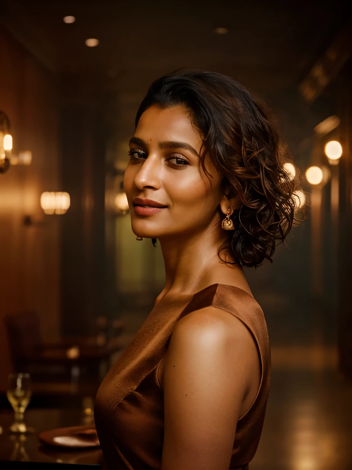 In this photograph, an Indian woman in her mid-30s takes center stage. She has curly hair, styled in a chic and stylish manner, perfectly framing her face. Her highly detailed face exudes confidence and grace, enhanced by a subtle smile. The background showcases a 5-star hotel’s moody private study, evoking a sense of luxury and sophistication. The photograph, captured by Lee Jeffries using a Nikon D850 with a film stock of 4 Kodak Portra 400 and a camera f1.6 lens, displays rich colors, hyper-realistic and lifelike texture, dramatic lighting, and realistic detail.

The woman is wearing a sleek black dress that exudes elegance and sophistication. The dress is tastefully designed, accentuating her stylish look. She completes her ensemble with minimalistic yet striking jewelry, adding to her sophisticated appearance.

The photograph is meticulously captured in 8K resolution using cutting-edge techniques such as Cinema 4D and Octane Render, resulting in a highly detailed and photorealistic image. Studio lighting, HDR, and a smoky mist create a captivating ambiance, while the bokeh effect adds an artistic touch.