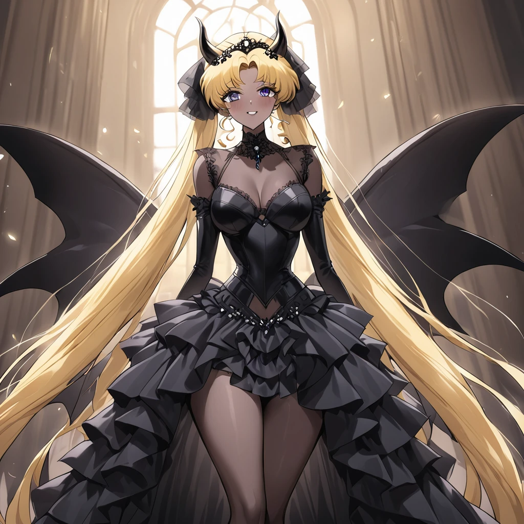 ((Highest quality)), ((masterpiece)), (detailed), （Perfect Face）、She is Princess Serenityで女は漆黒の肌のセクシーな女悪魔のプリンセスセレニティ、The woman is a jet-black female demon with magnificent devil horns, jet-black devil wings, and a jet-black tail. Her skin is jet-black, she is wearing a gorgeous black Gothic Victorian wedding dress and a black wedding veil, and she is looking at the camera with a happy expression. She is the jet-black demon Princess Serenity, and has blonde hair.２The expression of a girl in love with her long hair tied up、She is Princess Serenity