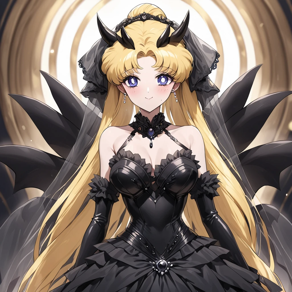 ((Highest quality)), ((masterpiece)), (detailed), (Perfect Face)、She is Princess Serenityで女は漆黒の肌のセクシーな女悪魔のプリンセスセレニティ、The woman is a jet-black female demon with magnificent devil horns, jet-black devil wings, and a jet-black tail. Her skin is jet-black, she is wearing a gorgeous black Gothic Victorian wedding dress and a black wedding veil, and she is looking at the camera with a happy expression. She is the jet-black demon Princess Serenity, and has blonde hair.2The expression of a girl in love with her long hair tied up、She is Princess Serenity