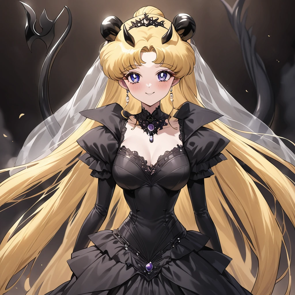 ((Highest quality)), ((masterpiece)), (detailed), (Perfect Face)、The woman is Princess Serenity, a sexy female demon with jet black skin, having sex with the dignified and powerful demon king, who inserts his penis into her pussy and ejaculates a large amount of semen into her.、The woman is a jet-black female demon with magnificent devil horns, jet-black devil wings, and a jet-black tail. Her skin is jet-black, and she is a devil bride wearing a luxurious black gothic Victorian wedding dress and a black wedding veil. She is the jet-black demon Princess Serenity, and has blonde hair with a happy expression as she looks at the camera.2The expression of a girl in love with her long hair tied up、The woman is Princess Serenity, and has sex with the majestic and powerful demon king, who inserts his dick into her pussy and ejaculates a large amount of semen into her.
