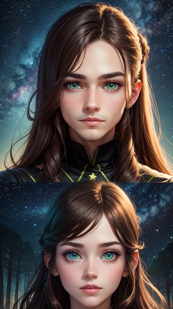 colorful forest, Sky with Stars,Glitter, a man and a Woman,faces, woman brown hair, man black Hair both green eyes