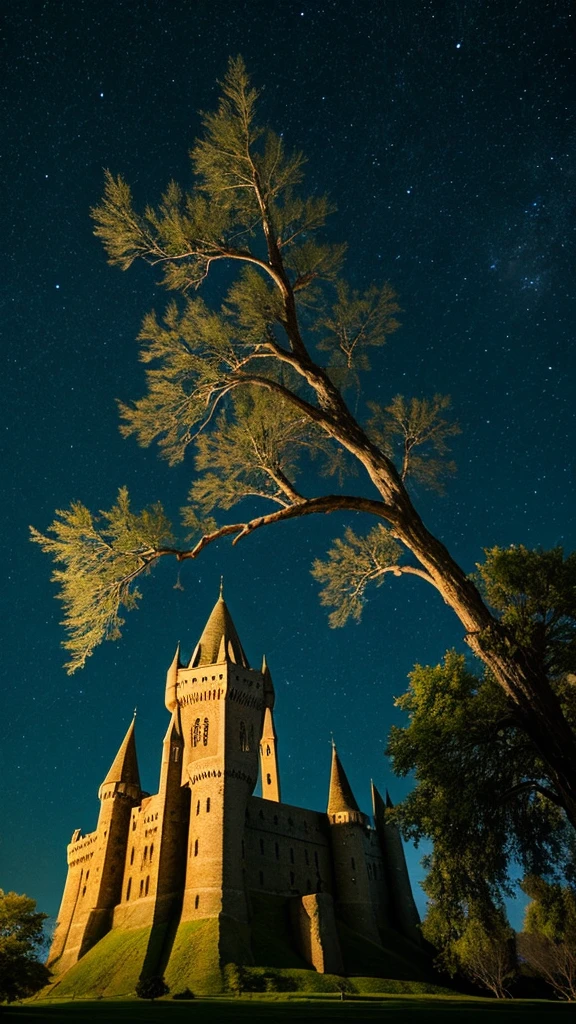 The spooky Whomping Willow next to Hogwarts Castle,Night Sky#,The fog rolls in