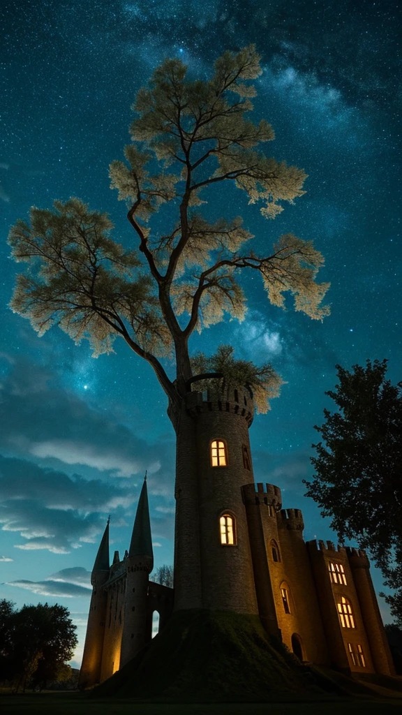The spooky Whomping Willow next to Hogwarts Castle,Night Sky#,The fog rolls in