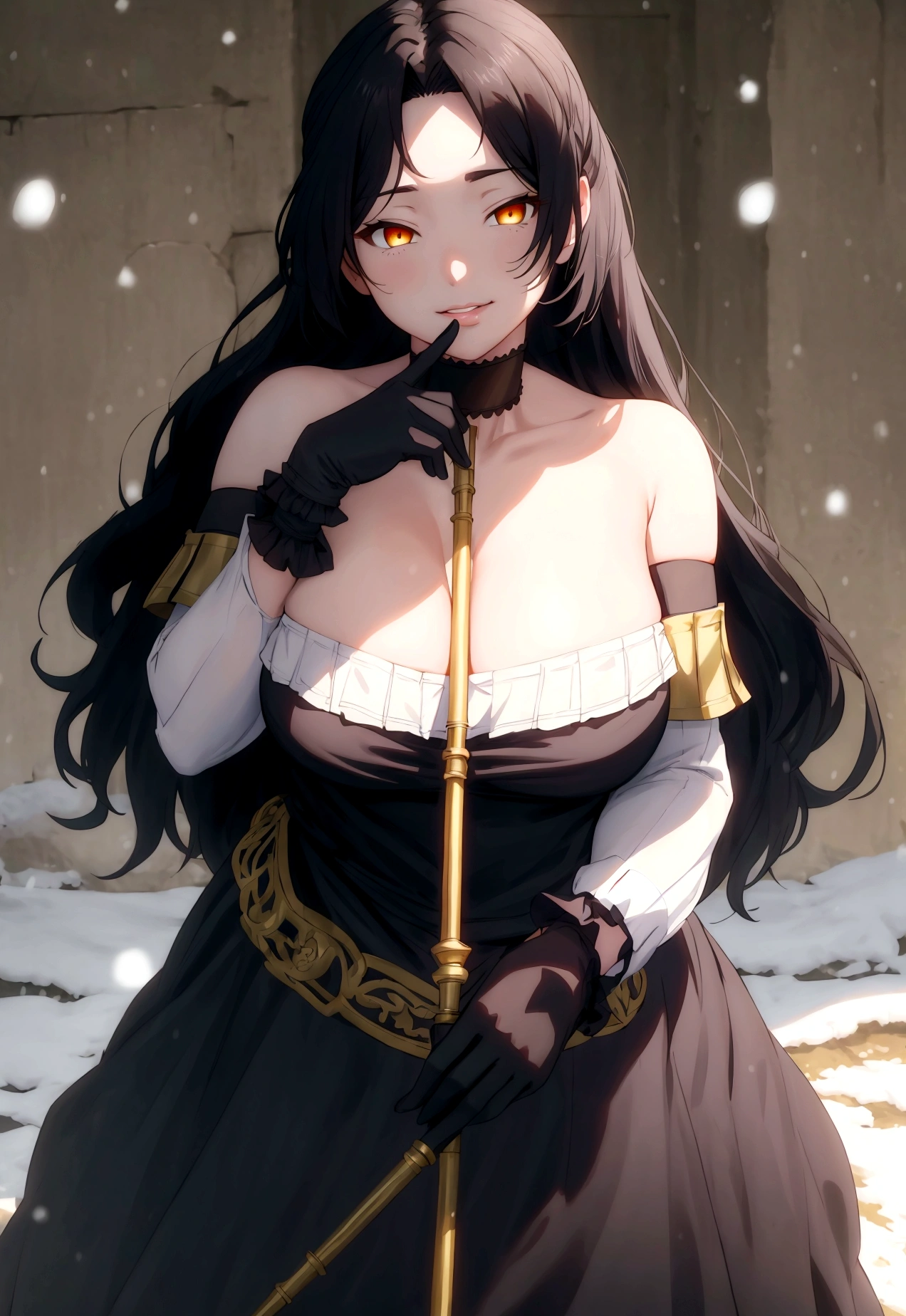 ,1girl,mature female, blush, Voluminous afro, yellow eyes, black hair, :o, large breasts, thick thighs, put one's legs together:1.2 sexual girl, slutty, in a field, black hair, slender body, blue eyes, mascara, torn clothes, nude, naked