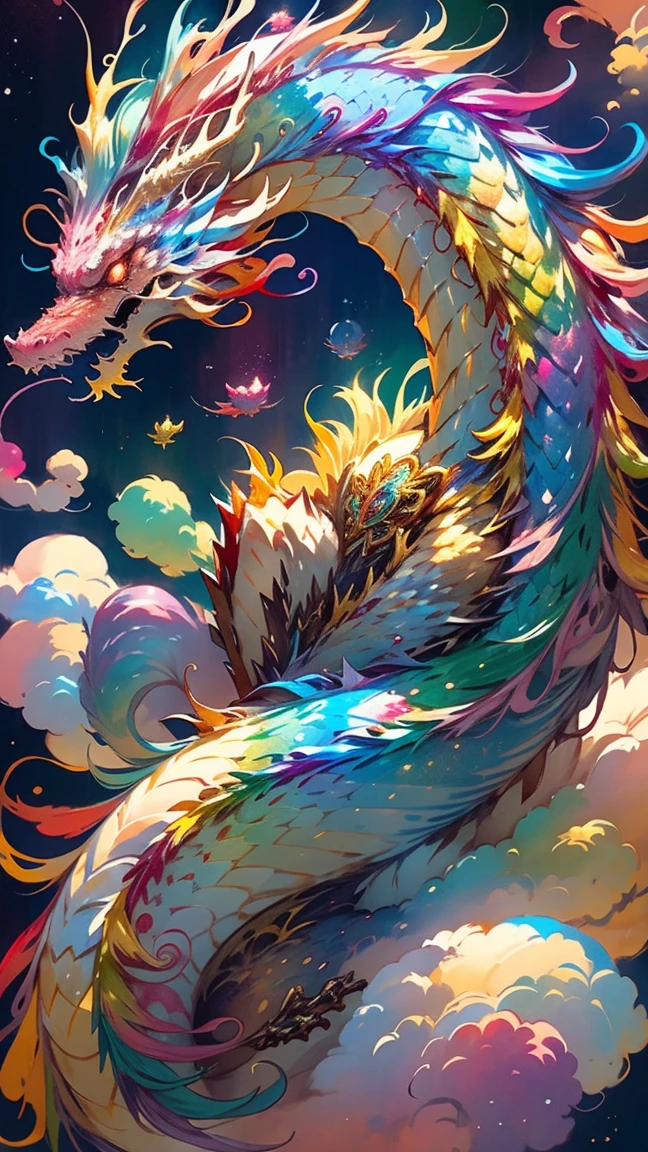 Golden dragon。Rainbow glowing scales。The dragon god is coming。Golden Splash、milky way、god々々right、Staring straight ahead、Red Beard、Pastel rainbow colored dragon