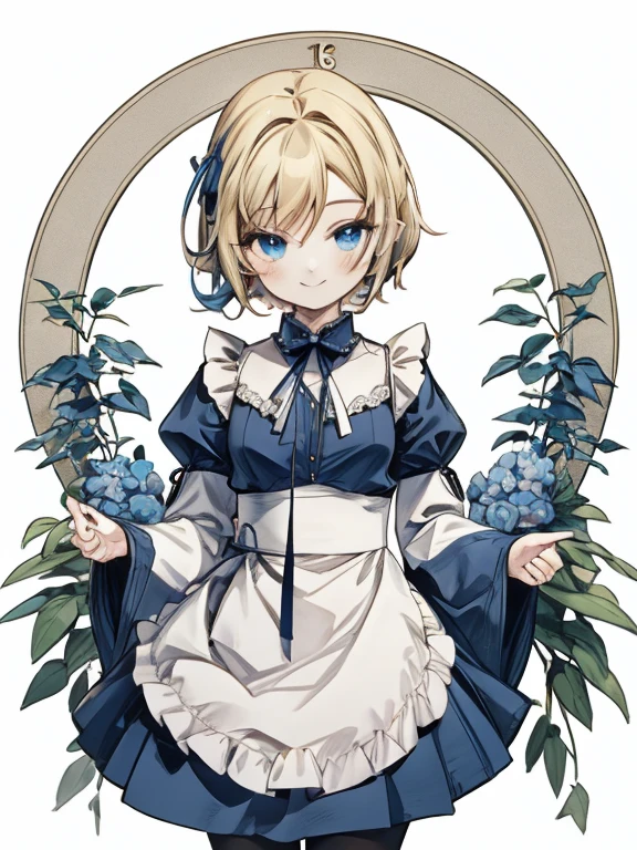 masterpiece, Highest quality, Very detailed, 16K, Ultra-high resolution, Cowboy Shot, Alice in Wonderland, (art nouveau:1.4), ****************, Detailed face, (smile:1.5), blue eyes, Blonde, ,braided ponytail, Ribbon on head, Blue clothes, Plain white apron, 大きなclockのある部屋で, clock, 壁clock, Music Box