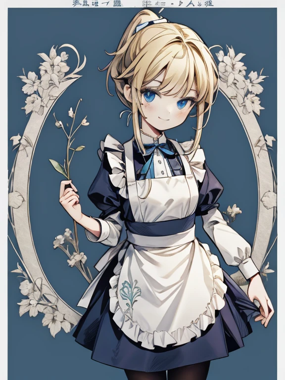 masterpiece, Highest quality, Very detailed, 16K, Ultra-high resolution, Cowboy Shot, Alice in Wonderland, (art nouveau:1.4), ****************, Detailed face, (smile:1.5), blue eyes, Blonde, ,braided ponytail, Ribbon on head, Blue clothes, Plain white apron, 大きなclockのある部屋で, clock, 壁clock, Music Box