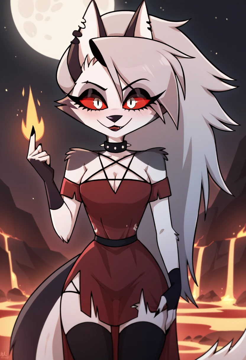 score_9, score_8_up, BREAK, source_anime, (1girl, solo), uncensored, perfect body, slim, thigh highs, fingerless gloves,
anthro, furry, pose, cleavage, blush, evil smirk, hell, lava, burning, buildings in background, full moon, sexy pose, sexy red gown
Loona \(Helluva Boss\), 