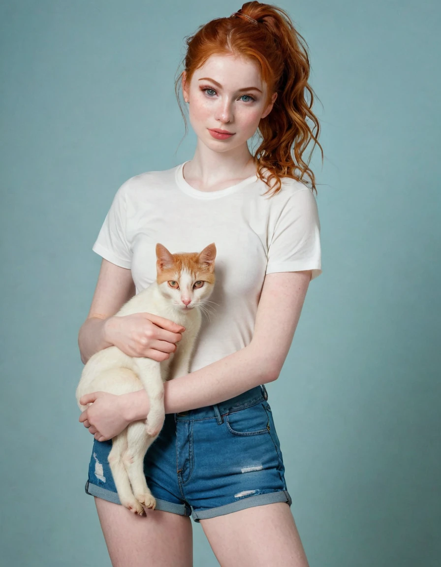 Photography full body of a very beautiful realistic girl, with a cat in her arms, porcelain skin, very light skin, very pale skin, redhead, wavy, pony tail, Detail of skin structure, hazel eyes, Slit eyes, small-nose, small nostril, think of arched eyebrows, thick lower lip, happy face, unique face, foto realista, Masterpiece Image, sharp image, Wear shorts and a t-shirt, day lights

