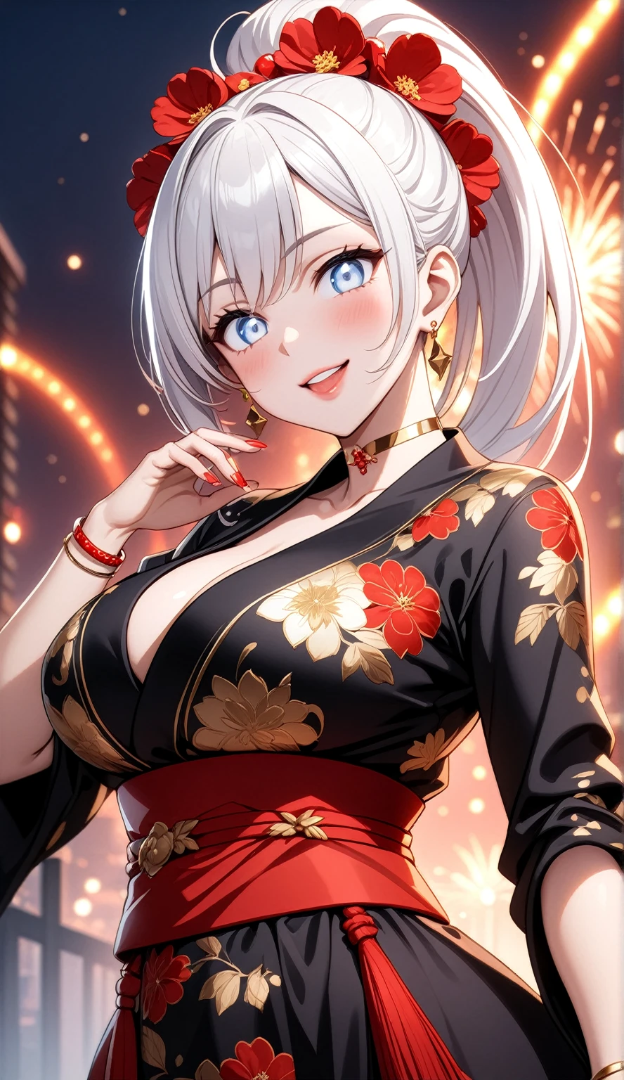((One personの女性)), Beautiful Face, (Laughing embarrassedly), (laugh:1.2),((Wink:1.7)), (head tilt:1.3), Laugh with your mouth wide open, upper teeth, looking down at viewer, ((Bright red cheeks:1.4)),Glossy Red Lips,rooftop, firework, Glossy red lips, Shining Face, ((Anime style background)),masterpiece, Highest quality, so beautiful,up to date, Complex details, (Pink long nails),(ring),(bracelet),(Floral choker),AI-generated, Complex,High resolution, Highest quality, super high quality,3D Images、3D Images,One person,Long white hair,High Ponytail, Anime woman posing for a photo,(blue eyes), ((Fine grain、Silvery white, lightly pigmented eyes、Shining Eyes:1.4)), (Squint your eyes:1.1),a hyperRealistic , hyperRealistic , Realistic,Anime woman with long white hair, Smooth anime CG art, A woman in a colorful kimono with gold embroidery, (Black long sleeve kimono),Red floral pattern,Long flower hair ornament,Earrings,Mature Body,(Big Breasts:1.1),Tall,Abdominal muscles,Tight waist,(Zoom up to face:1.4), (front view),