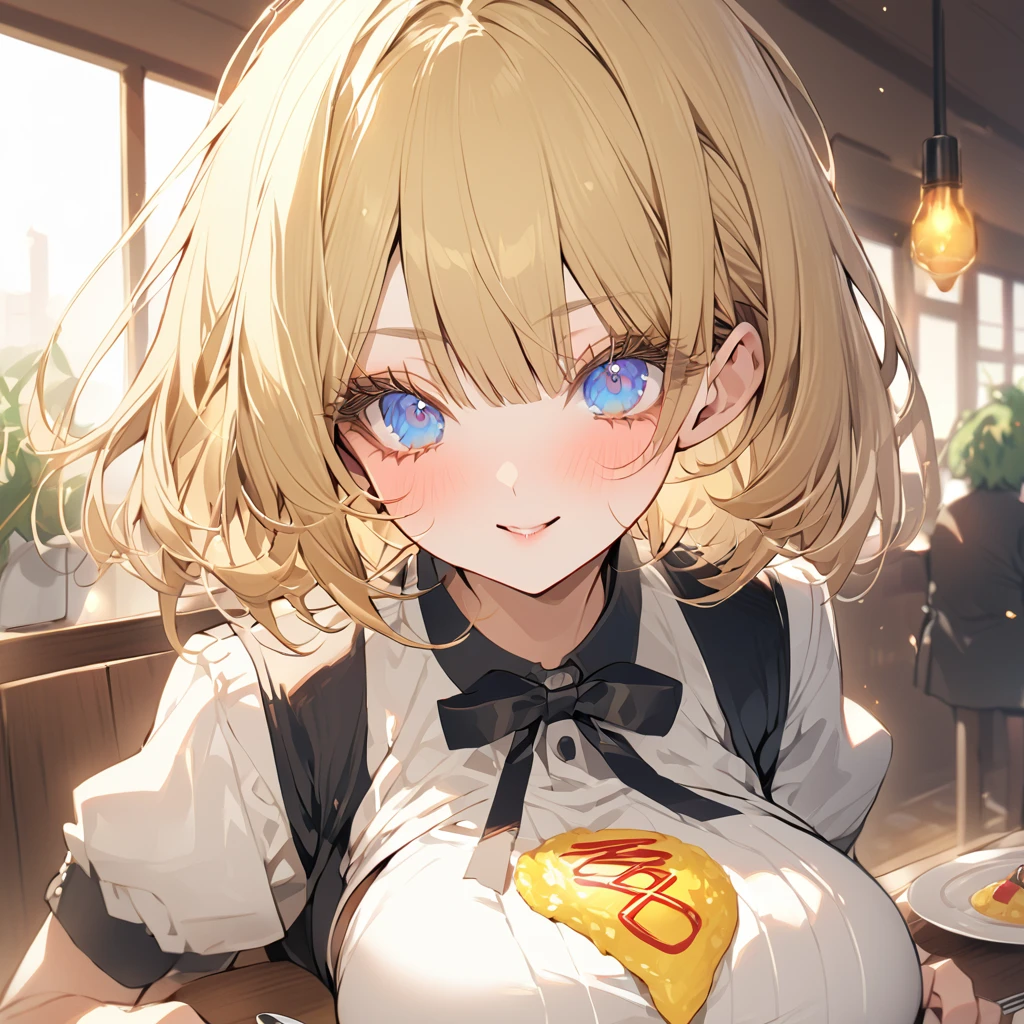 Eat omurice at a restaurant (Original uniform), (girl), (blonde:1.5)(eyelash:1.2) (Short Bob Hair:1.4), (blue eyes)(Big Breasts:1.3)