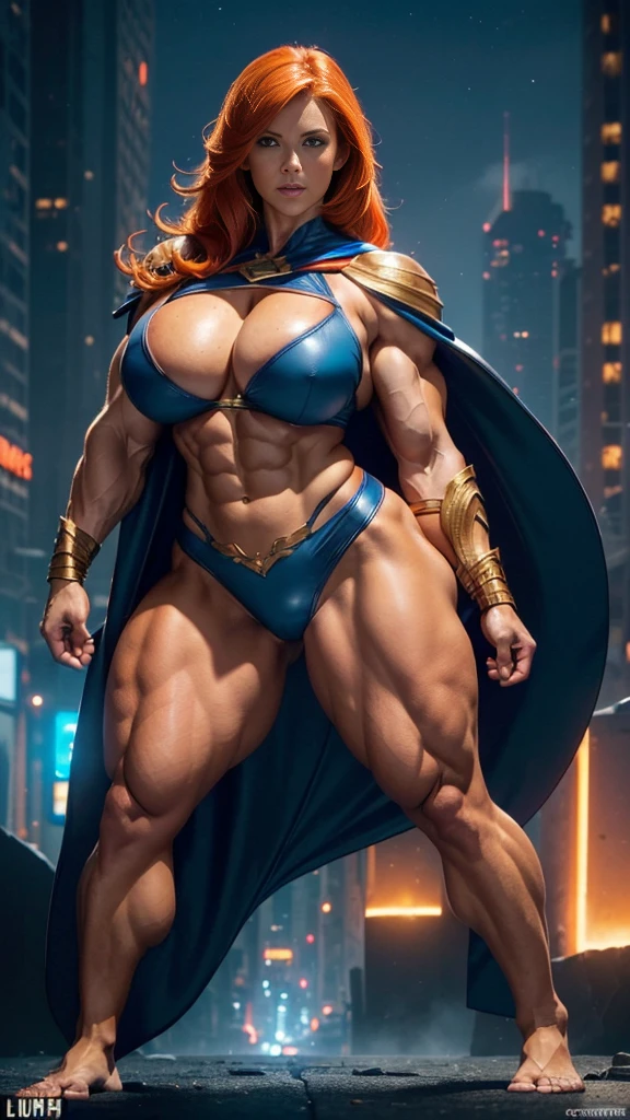 (Busty muscular brute cute Lorah, huge strong biceps volume, huge firm breasts volume, enormous tits volume, strong tonned exposed abs, muscular strong legs, bodybuilder muscles bursting in strength, exposed abs skin, tight superheroine leather blue underwear, light orange cape, ginger hair, blue eyes, night city background, bare foot