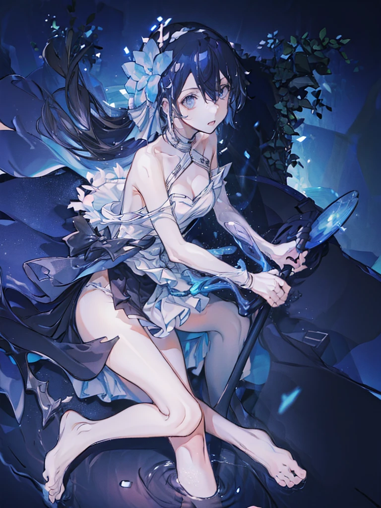 (Extremely refined:1.5),1 girl, sitting in water, Foot washing,Pantyhose,No shoes,trumpet,Female Kirito,long hair