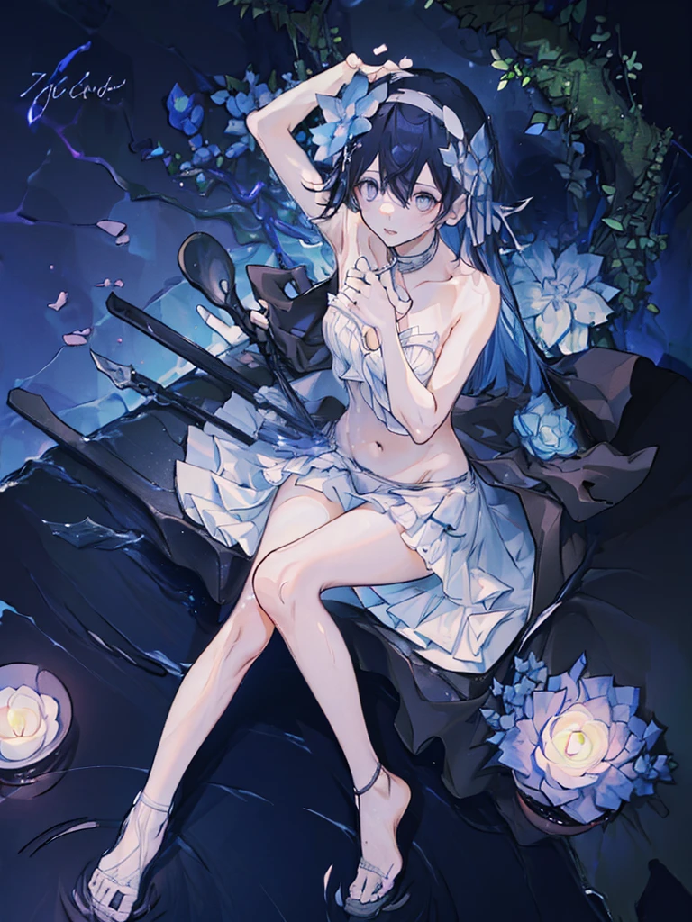 (Extremely refined:1.5),1 girl, sitting in water, Foot washing,Pantyhose,No shoes,trumpet,Female Kirito,long hair