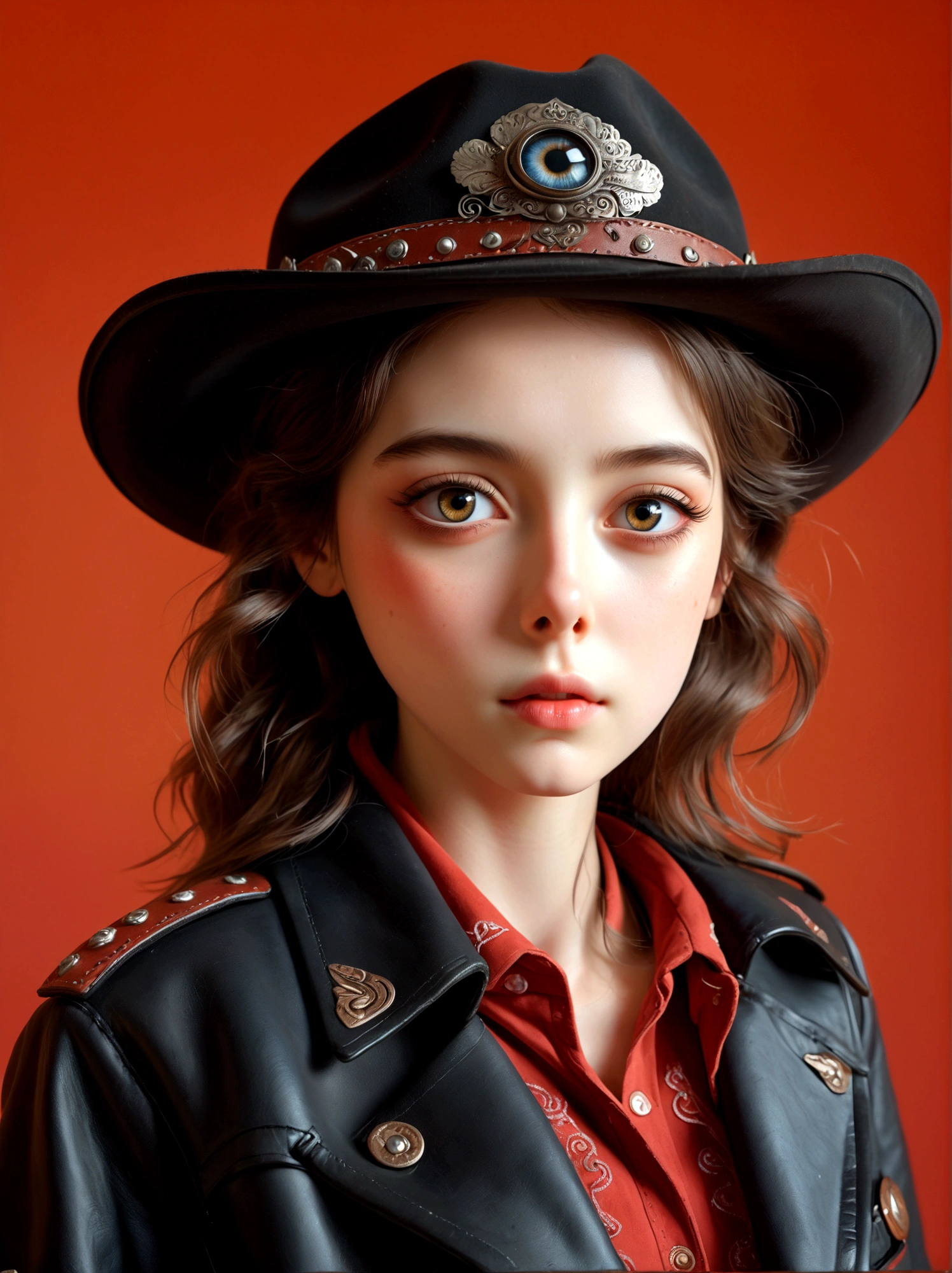 (Best quality, masterpiece:1.4), (realism:1.2), (realism:1.2), (Absurdity:1.2), (Photo Realism:1.3), Realistic skin, solo, (Very big eyes, Beautiful and delicate eyes, Symmetrical eyes), (Cowboy lens), 1 Girl, solo, Red background, whole body, Standing, Black coat, Black jacket, Long sleeve, Best quality, masterpiece, high resolution, Official Art, Extremely detailed CG Unity 8k wallpaper