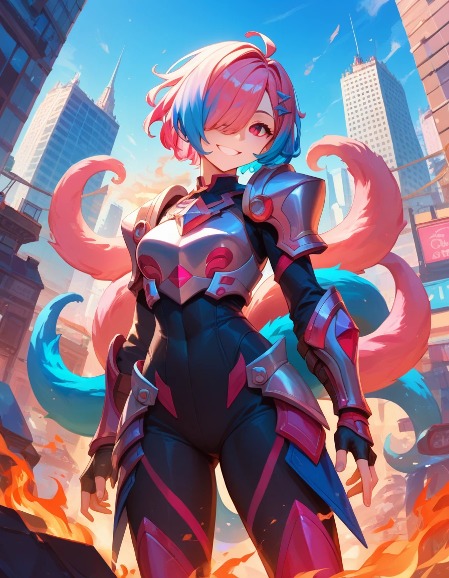 best quality, 4K, masterpiece, Extremely detailed, High Detail, 1 Girl, Solitary, Perry, Blue Hair, Hair covering one eye, Colorful hair, Double tail, Pink Hair, Red Eyes, Two-tone hair, armor, Smile, Burning city background