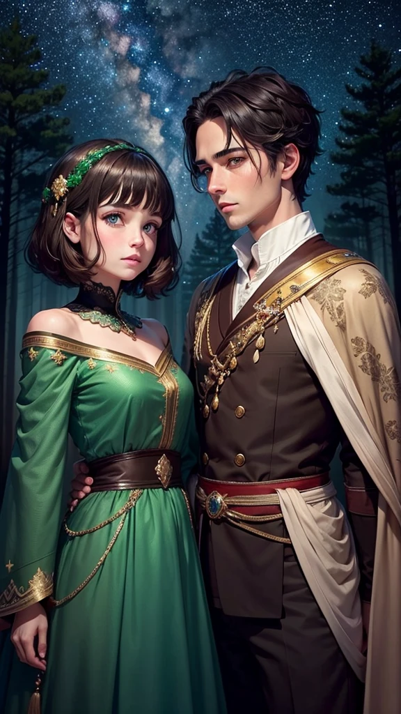 colorful forest, Sky with Stars,Glitter, a man and a Woman,faces, woman brown hair, man black Hair both green eyes, sad, man short Hair, royal clothes