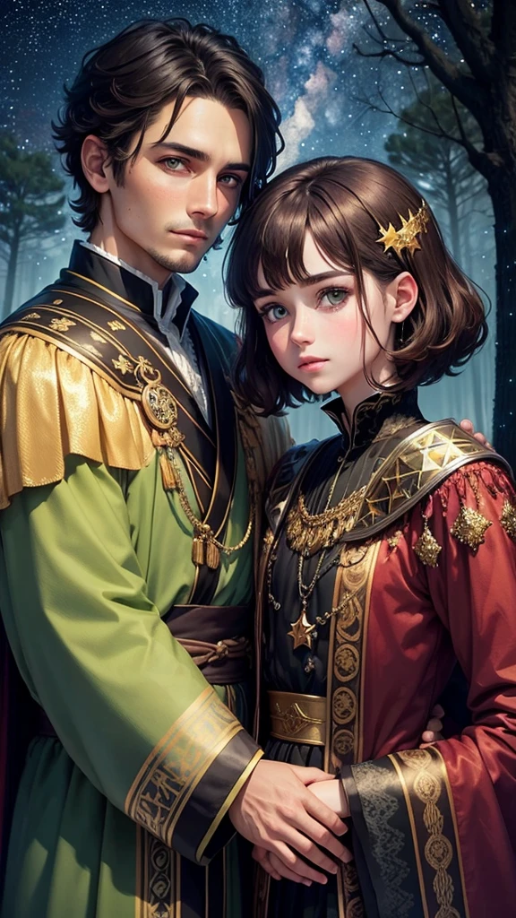 colorful forest, Sky with Stars,Glitter, a man and a Woman,faces, woman brown hair, man black Hair both green eyes, sad, man short Hair, royal clothes