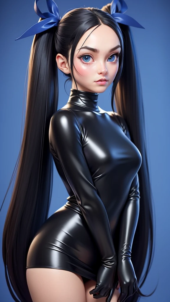 1 woman, Same goes for Tosaka.., alone, long hair, latex, looking at viewer, blue background, black hair, simple background, both sides, turtleneck, blue eyes, Lips, closed mouth, ribbon, hair ribbon, forehead, ((whole body)), parted forehead, black ribbon, ribbed sweater, twin tail, nose,