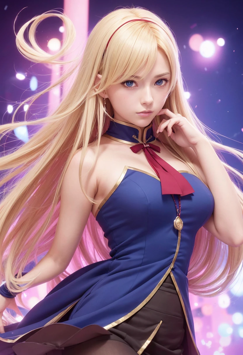 (8k, RAW photo, best quality, masterpiece:1.2), (realistic, photo-realistic:1.4), (extremely detailed 8k wallpaper), girl in blue dress with blonde hair and red tie, pixiv, rasquache, artoria pendragon, blonde anime girl with long hair, marisa kirisame, marin kitagawa fanart, anime moe artstyle, waifu, lolish, anime style like fate/stay night, official artwork, anime best girl