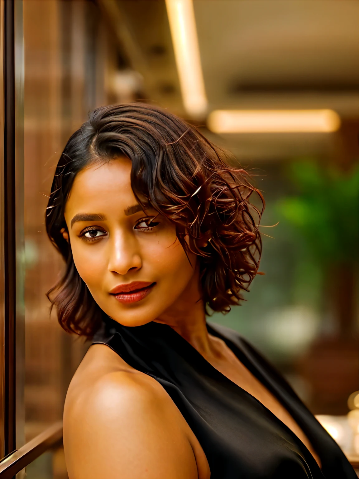 In this photograph, an Indian woman in her mid-30s takes center stage. She has curly hair, styled in a chic and stylish manner, perfectly framing her face. Her highly detailed face exudes confidence and grace, enhanced by a subtle smile. The background showcases a 5-star hotel’s moody private study, evoking a sense of luxury and sophistication. The photograph, captured by Lee Jeffries using a Nikon D850 with a film stock of 4 Kodak Portra 400 and a camera f1.6 lens, displays rich colors, hyper-realistic and lifelike texture, dramatic lighting, and realistic detail.

The woman is wearing a sleek black dress that exudes elegance and sophistication. The dress is tastefully designed, accentuating her stylish look. She completes her ensemble with minimalistic yet striking jewelry, adding to her sophisticated appearance.

The photograph is meticulously captured in 8K resolution using cutting-edge techniques such as Cinema 4D and Octane Render, resulting in a highly detailed and photorealistic image. Studio lighting, HDR, and a smoky mist create a captivating ambiance, while the bokeh effect adds an artistic touch.