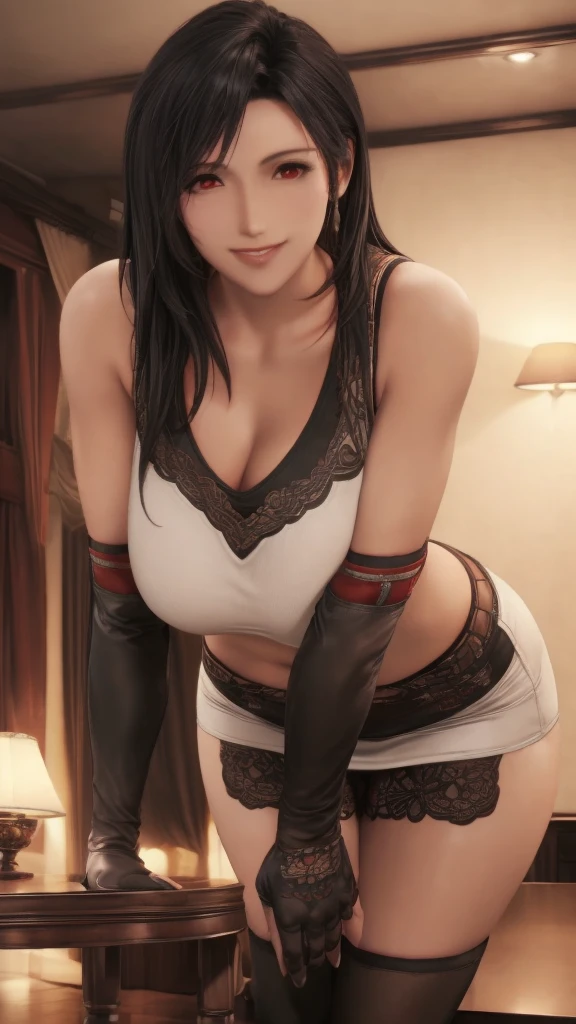 tifa lockhart, final fantasy, full body position on all fours with hands on the floor , beautiful open legs, open jacket without buttons , Topless, beautiful medium breasts showing , sexy e semi nua, ripped mini skirt , sensual smile of pleasure , hands touching , long  hair, surreal, 4K