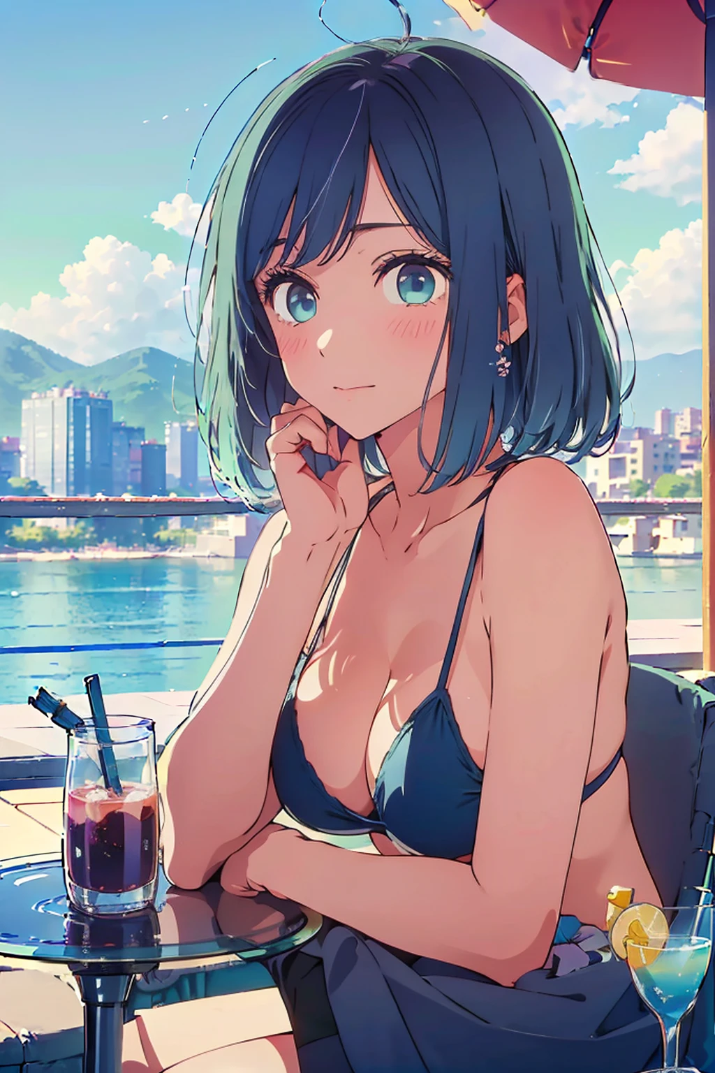 (Highest quality:1.4、masterpiece:1.4、超detailed:1.4、Ultra-high resolution:1.4、Absurd:1.4、Absolute Resolution:1.4、8K:1.4、detailed:1.4)、Slim body、((((1 person、sit、Happy expression、Chair、In the background are the urban buildings of Tokyo、looking at the camera、Outdoor café terrace、Navy hair color、juice、table、Very cute face))))、((((nude、very beautiful areola、valley))))、(Pose with hands tucked behind ears:1.4、Cheek resting on hand:1.4)、(bikini:1.2)、Very blue sky、A completely cloudless sky