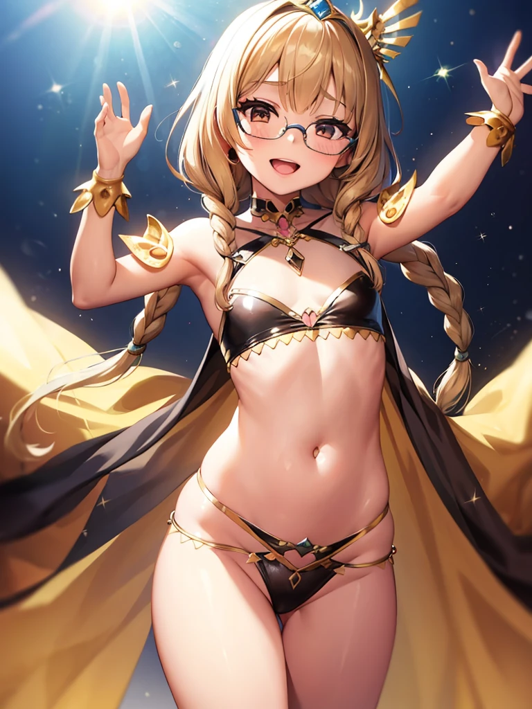 masterpiece, best quality, ultra-detailed, illustration, an extremely delicate and beautiful, perfect ???????, perfect hands,beautiful detailed glow light particles,HDR,lens flare,Light refraction, BREAK 1girl, solo, cowboy shot,from above,(little child girl:2.0),president, BREAK (twin braids,glasses:1.2),brown hair,brown eyes, shaped stomach, BREAK colorful and luxurious belly dance costumes with glitter,sequins,Arabic-style luxurious tiara, BREAK belly dance dancing, wriggle one's ????,smile,open mouth,full-face blush,in high spirits,???????,trance,BREAK Outdoor belly dance stage,exaltation,Arabian style