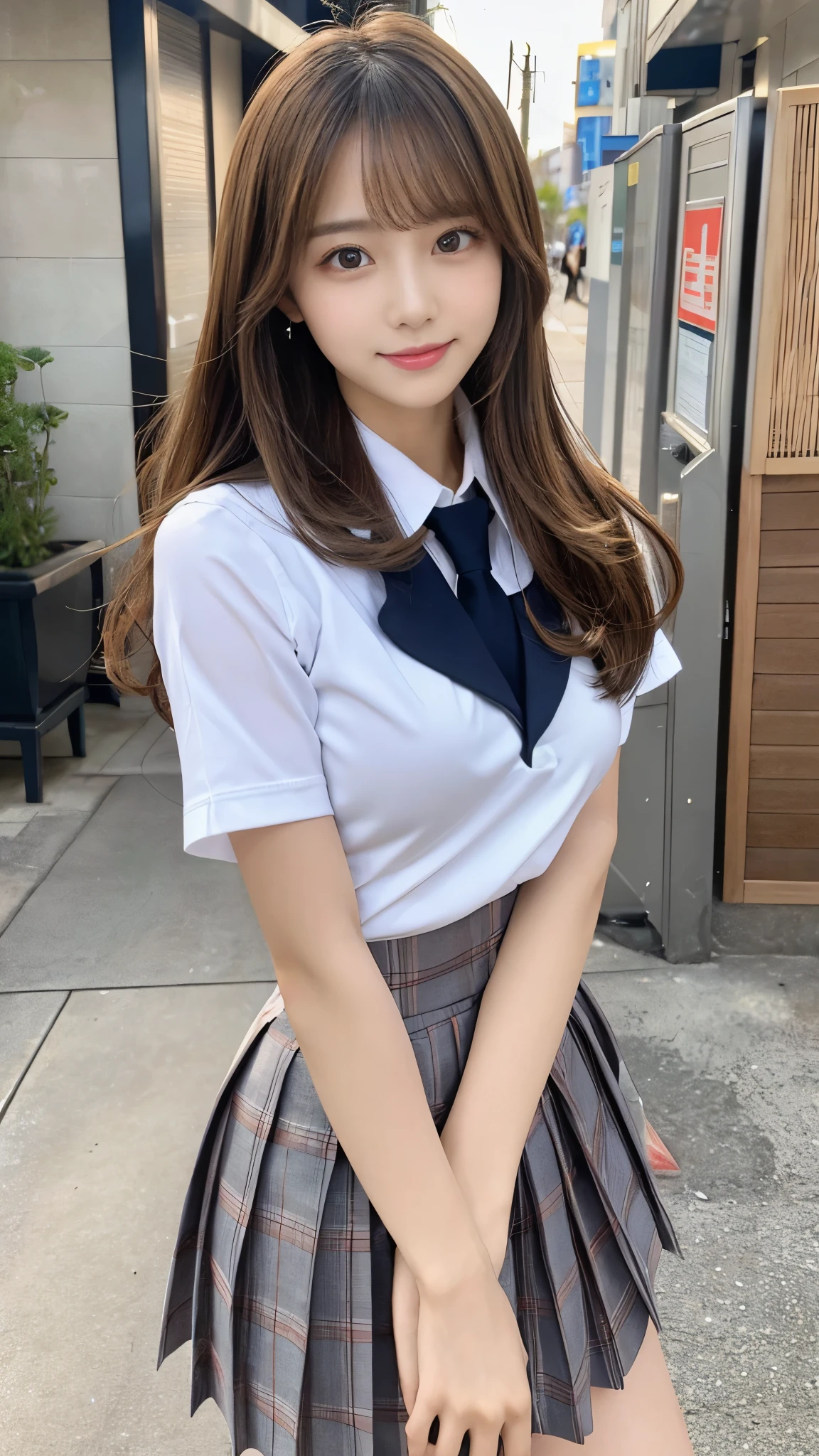 (Detailed skin:1.2),(Shiny skin:1.1),8K,Highest quality, masterpiece, Ultra-high resolution,(Realistic:1.4), RAW Photos,(Soft saturation:1.3),(Fair skin:1.2),Japanese Idols,repair,20 years, Light brown hair, (Shore Surf:1.2)、(Long Hairstyles:1.2), Asymmetrical Hair, Asymmetrical bangs (Pretty face:1.4), (Large Breasts, Tight waist), Beautiful lighting, Small Head, (Student Uniform:1.2,),Highly detailed face, Highly detailed lips, fine grain, double eyelid,(Full Body Shot), Browsing Caution, (Sharp focus: 1.2), (Perfect Anatomy、Beautiful woman with perfect figure: 1.2)、Random sexy poses,Accentuate your leg lines、Smiling