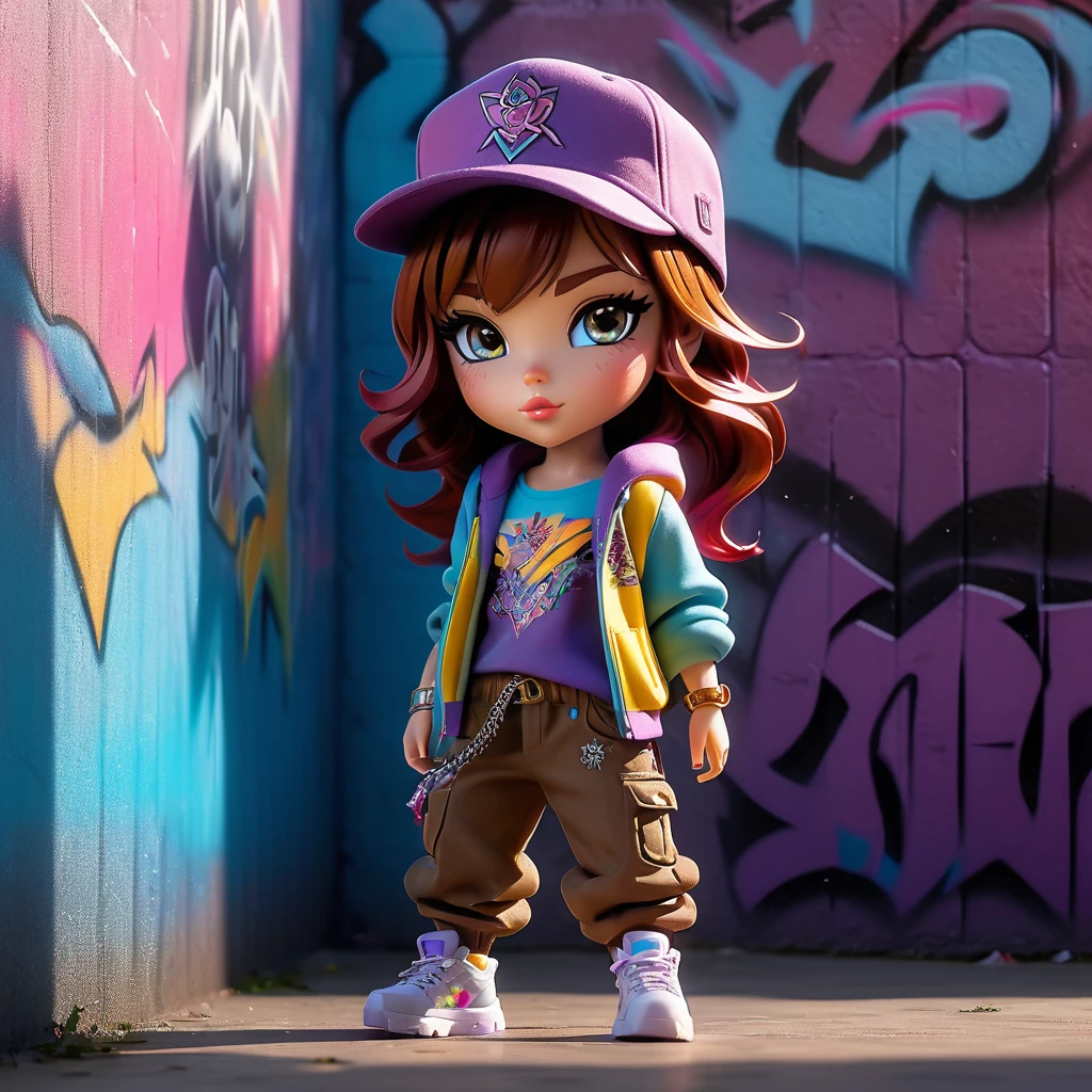 ((Long shot, complete body: 1.6)), Cyan:1.4, maroon:1.2, purple:1.2, yellow:1.4, magenta:1.6, (rapper girl with long brown hair:1.6, beautiful modern cut with pointed hat:1.5 , very detailed eyes and body and beautiful baggy clothes, Baggy pants:1.6), tattoo's, (walls with graffiti: 1.2), flowers, Sheets, born in the fog, lines, leaning against the wall with spray paint in hand, well-defined light and shadows, action pose, 32k.