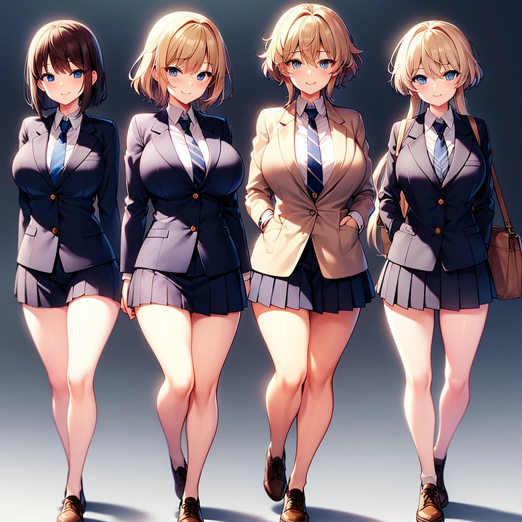 Huge breasts、Blonde、Very short hair、blue eyes、Narrow waist、student、Navy blue blazer、slacks、necktie、Tall、Red cheeks、Perm、A confident smile、A princess-like woman